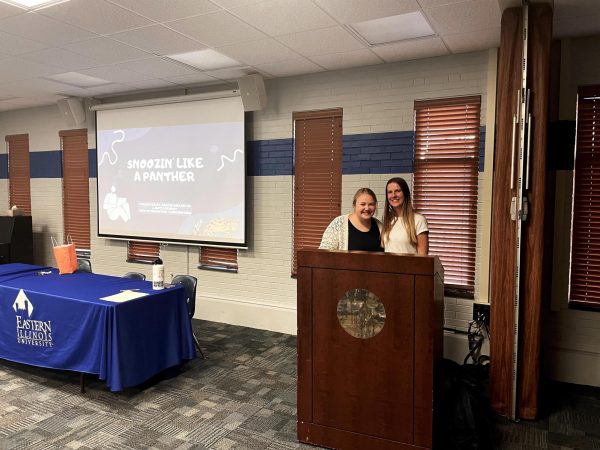 Jayci Stewart and Maggie Bullinger present their Snoozin’ Like a Panther” presentation to form an informational presentation about how to improve a student’s sleeping habits on Monday afternoon.