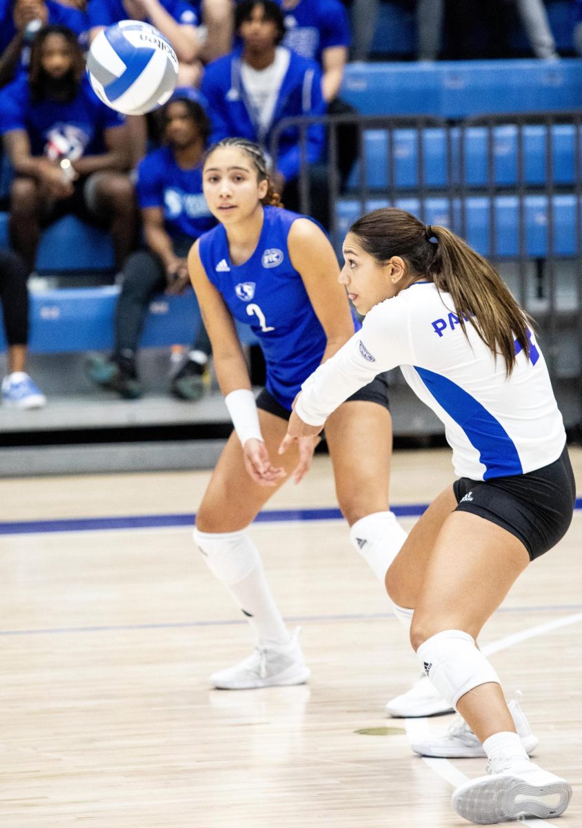 Defensive specialist/libero Christina Martinez Mundo (4), bumps the ball during their game vs. Missouri State. The Panthers won 3-0 against the Tigers.