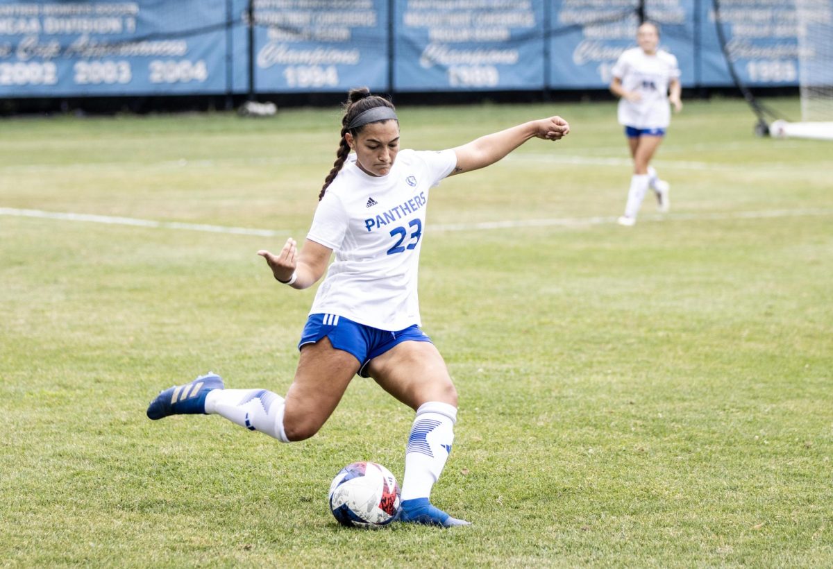 Defender Kya Trejo attempts a long pass on Lakeside Field. The Panthers lost 1-0 against the ISU Redbirds Thursday afternoon.