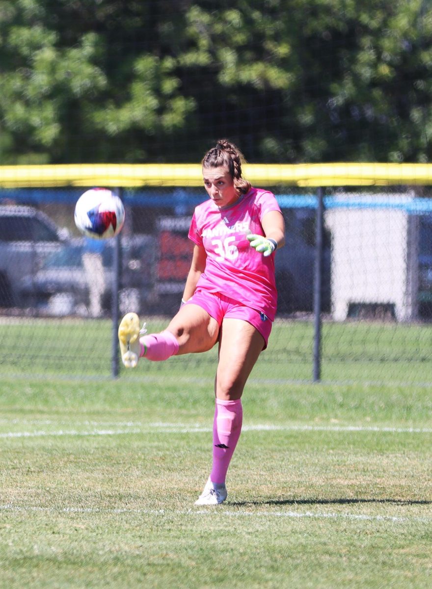 Goalkeeper Lexi Pruso kicks a long ball to resume play at the womens soccer game against Chicago State. The Panther lose 2-1 to the Cougars Sunday afternoon.