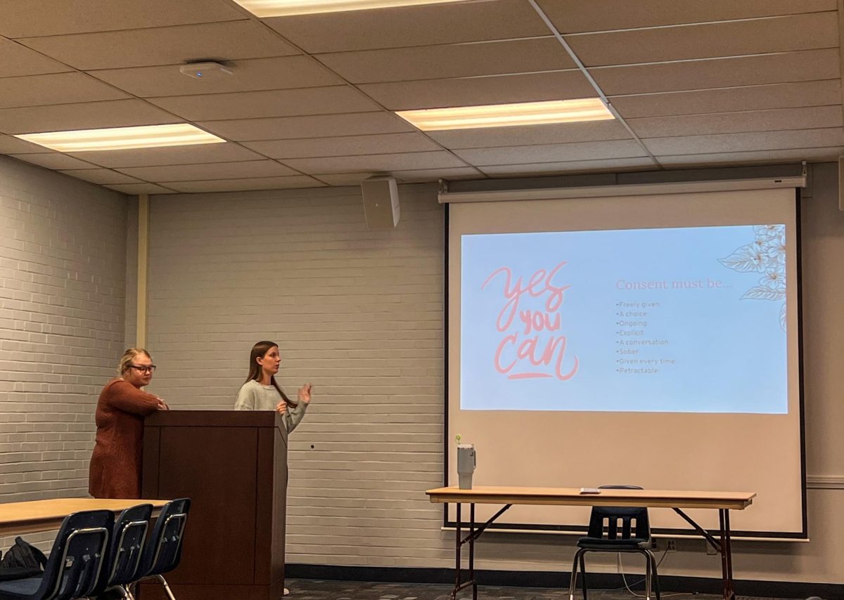Both communication disorder and science major, Maggie Bollinger and Jayci Stewart presented their presentation At Your Cervix presentation in the Martin Luther King Jr. Union Monday evening.