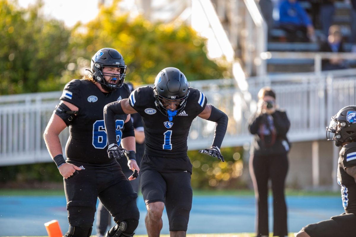 Justin Bowick Jr., a sophomore wide receiver, celebrates after scoring a touchdown during their homecoming game against UT Martin at O‘Brien Field Saturday afternoon.