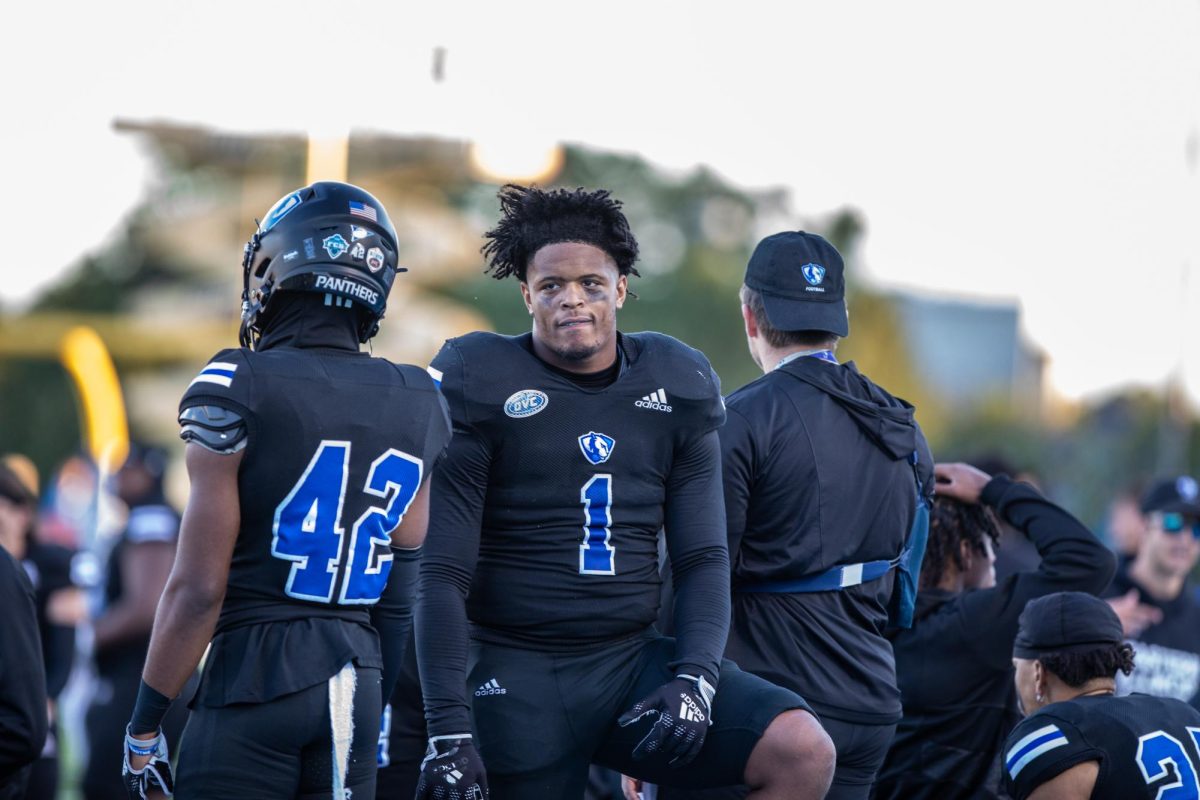 Junior linebacker Elijawah Tolbert (1), looks around the field after the last play of the game at Lantz Arena Saturday afternoon, Oct 7, 2023, on Eastern Illinois University Campus in Charleston, Ill