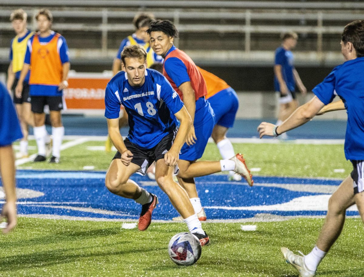 Senior forward Sam Eccles looks to recieve ball on Tuesday night Oct. 4th, 2023, at OBrien Field on the Eastern Illinois University campus in Charleston Ill.