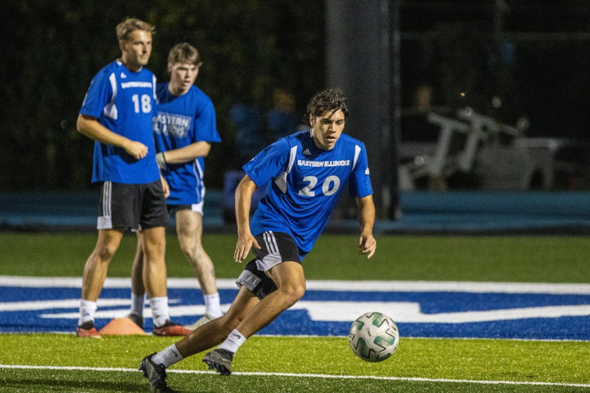 Freshman forward/midfielder Kyle Kimberling chases after a ball on Tuesday night Oct. 4th, 2023, at OBrien Field on the Eastern Illinois University campus in Charleston Ill. Kimberling said he feels good about the upcoming game. I think that we are starting to hit our stride, our last three games have definitely been our best three, so Im excited and hopefully we come home with six points, Kimberling said.