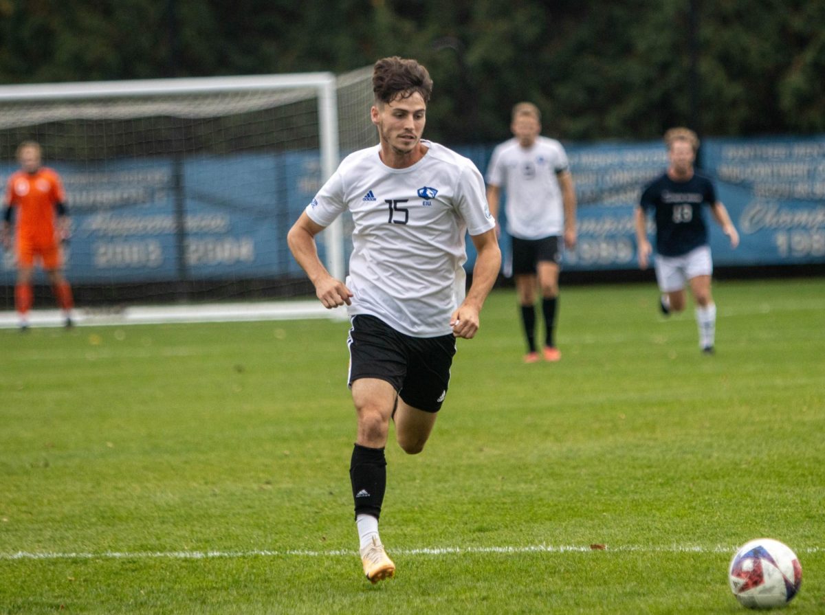 Maxwell Allen, a fifth year senior defender (15), dribbles the ball away from University of Southern Indiana Screaming Eagles during their game at Lakeside field thursday afternoon. Maxwell scored the last goal in the second half to put the panthers over the screaming eagles. Panthers won 1-0.