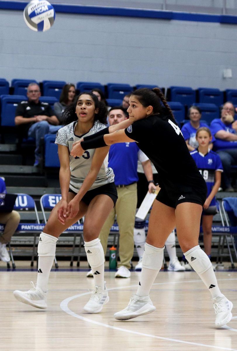 Senior libero Christina Martinez Mundo receives the ball, bumping it to set up teammates during the volleyball game against Morehead State Thursday evening at Lantz Arena Mundo led the Panthers with 17 digs and three service aces.