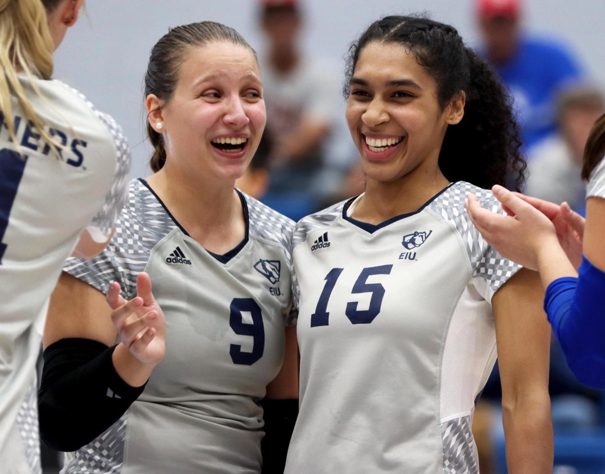 From left, sophomore setter Catalina Rochaix and senior outside hitter Giovana Larregui López celebrate after scoring a point during the volleyball against Morehead State Thursday evening at Lantz Arena. Rochaix led the team with 34 assists and had two digs. López led the Panthers with 13 kills and 15 points.