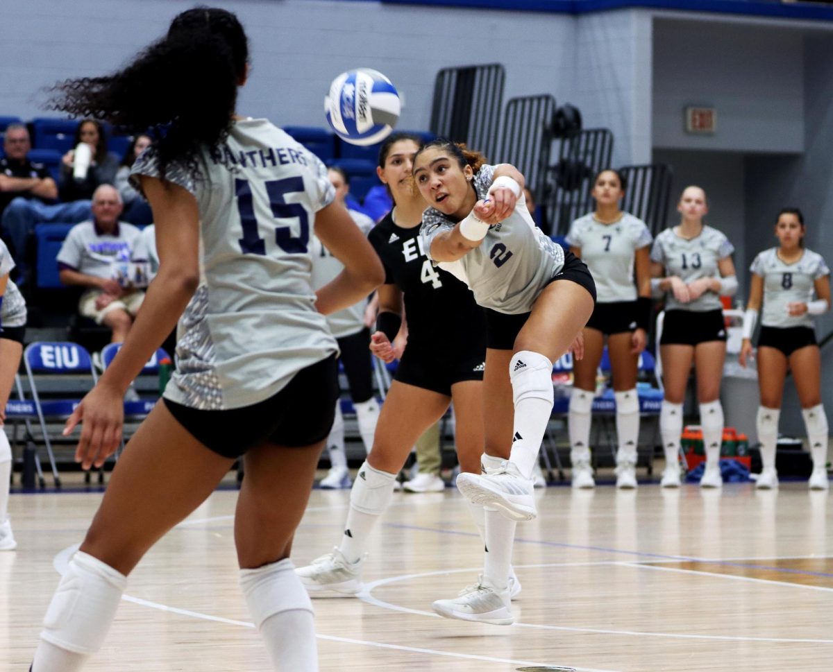 Junior libero/defensive specialist Laura Paniagua receives the ball from a serve and bumps it to her teammates during the volleyball against Morehead State Thursday evening at Lantz Arena on Easterns campus. Paniagua had nine digs and one assist. The Panthers shutout Morehead 3-0  improving their season score to 15-1.