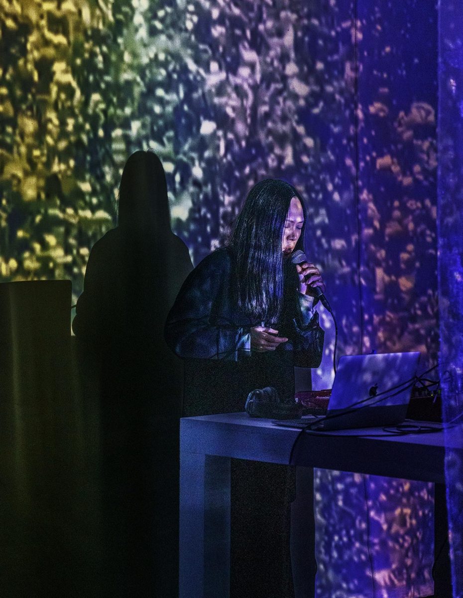 Japanese musician and artist Miho Hatori performs Do Whales Dream of Electric Human for the Who Speaks for the Ocean exhibit at the Tarble Art Center. Oct. 27, 2023 on Eastern Illinois University’s campus in Charleston, Ill.