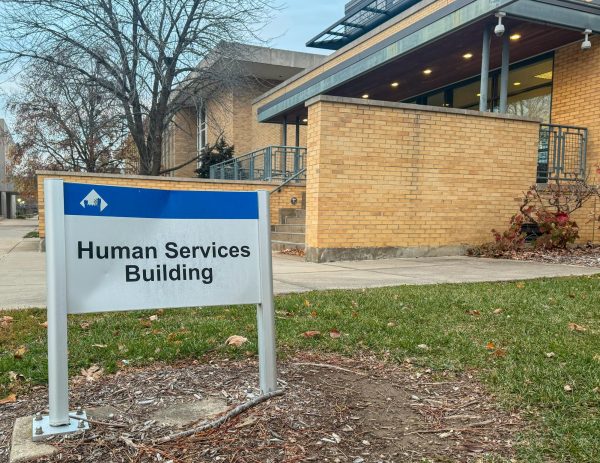 A sign of the Human Services Building on Tuesday, Nov. 28, 2023 located on Eastern Illinois Universitys campus in Charleston, Ill.