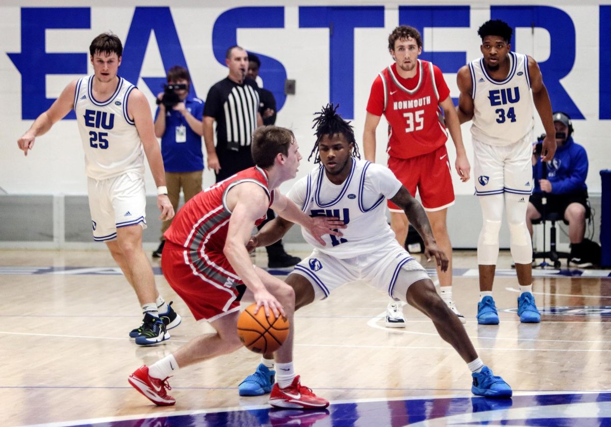 Senior guard Jordan Tiger Booker pushes the defense during Easterns home opener on Wednesday evening at Lantz Arena . Brooker scored 10 points and went 2-2 on free throws as well as 4-7 on field goals.