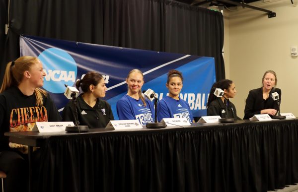 Head Volleyball Coach Sara Thomas speaks to each of her seniors impact on her and the team for this season during the after-game press conference for their first NCAA tournament appearance since 2001. Thomas said she will sad to see some players who have been with her since she started coaching at Eastern leave this year.