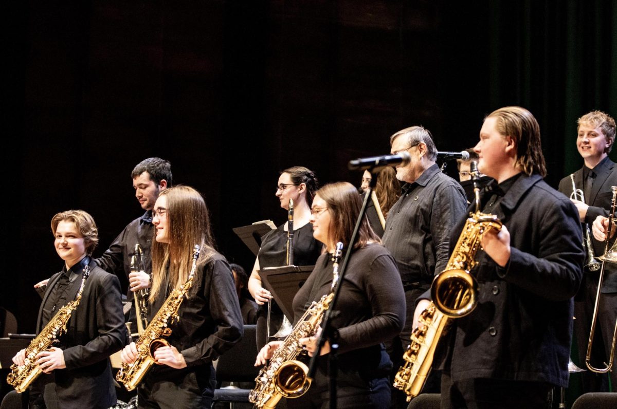 Students+apart+of+the+Jazz+Lab+Band+stand+up+to+be+applauded+after+their+performance+Tuesday+night+in+Doudna+Fine+Arts+Center.