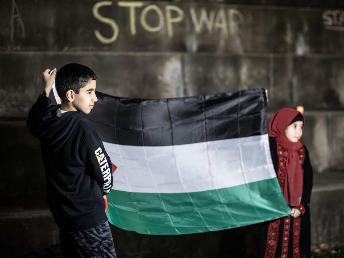 9-year-old Mohammad Mohd and his 7-year-old sister Mariam Mohd raise up a Palestinian flag at the vigil for Gazas children Wednesday night.