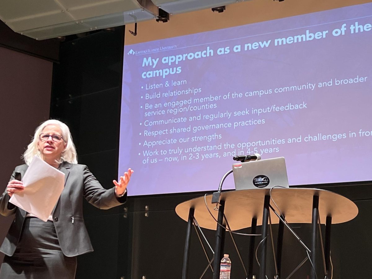 Denise Seabert presents herself during the provost open sessions Wednesday afternoon. Seabert serves as the dean of the College of Health and Human Services at the University of California at Fresno.