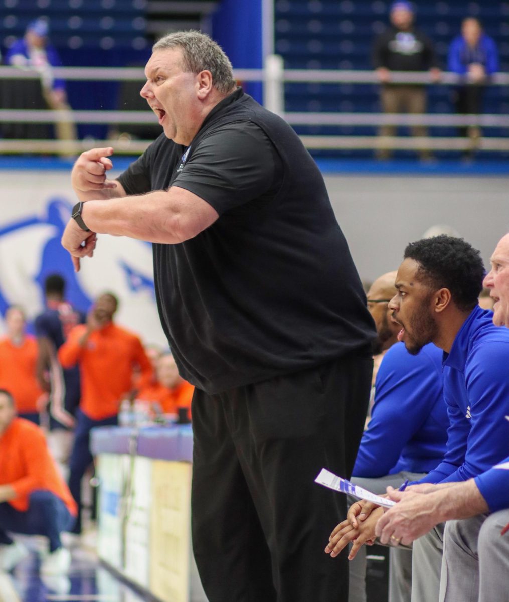 Eastern men’s basketball head coach Marty Simmons instructs his team against the University of Tennessee Martin Skyhawks.