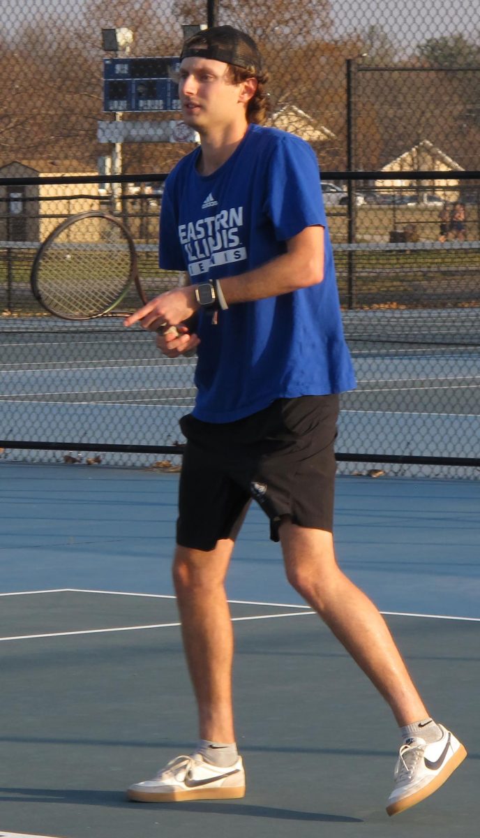 Fifth year senior Max Pilipovic-Kljajic is a computer science major from Brisbane, Australia, practicing his serve and is currently attending Eastern Illinois University 