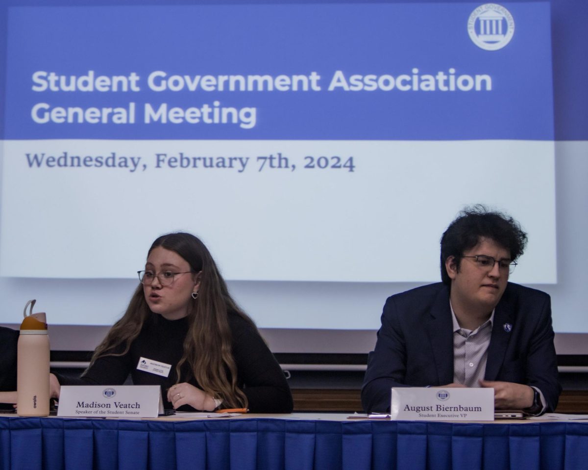 Student senate Madison Veatch (left) and VP August Biernbaum (right) Student Government Association general meeting, Martin Luther King Jr union, tuscola room Wed Feb 7, 2024 Eastern Illinois University, Charleston Ill. © Camron Hardy 