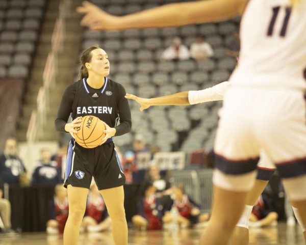 Junior guard Miah Monahan looks to pass during Easterns game against Southern Indiana, at the OVC tournament.