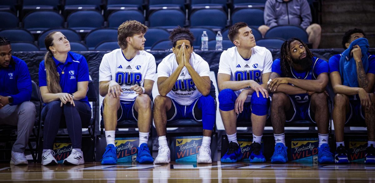 Mens basketball players are distressed over the game against Southern Illinois University Edwardsville on Wednesday night, March 8, 2024 at the Ford Center in Evansville, Indiana. The Panthers lost 68-57 against the SIUE Cougars.