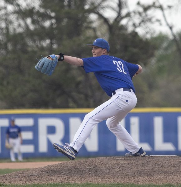 Freshman right-handed pitcher Slater Wilcox throws the ball at the game against Bradley University Tuesday