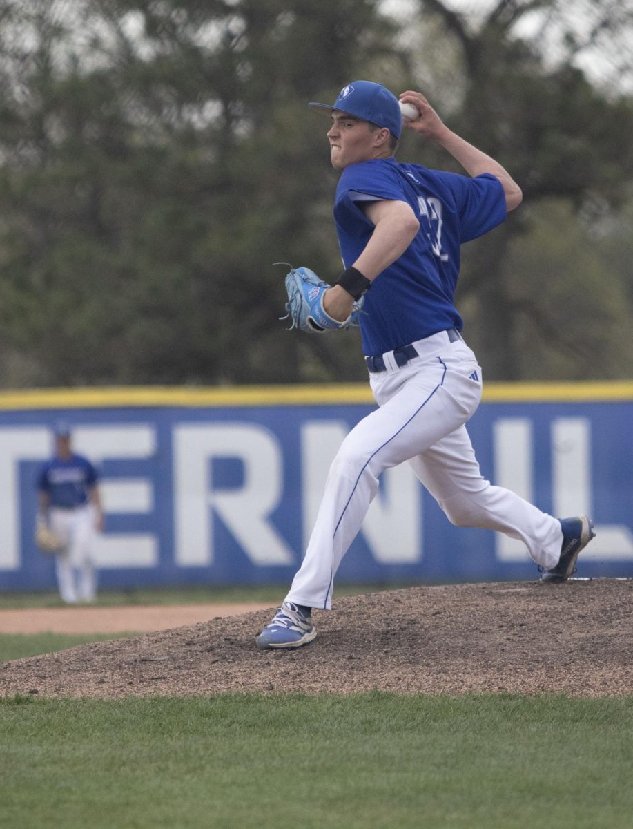 Freshman right-handed pitcher Slater Wilcox pitching at the game against Bradley University Tuesday, 