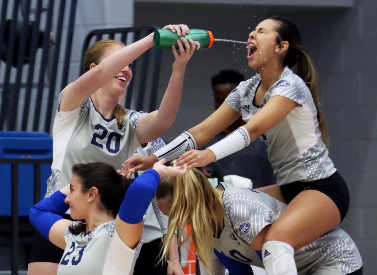 Freshman libero/defensive specialist Masyn Navarro imitates riding a bike during a challenge call during the volleyball game against Morehead State Thursday evening at Lantz Arena. 