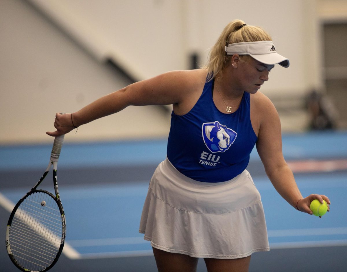 Senior Addison Brown getting ready to serve in doubles against Southeast Missouri State University Redhawks the Atkins Tennis Center.