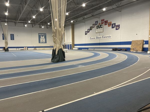 The indoor track in the Lantz Indoor Fieldhouse.