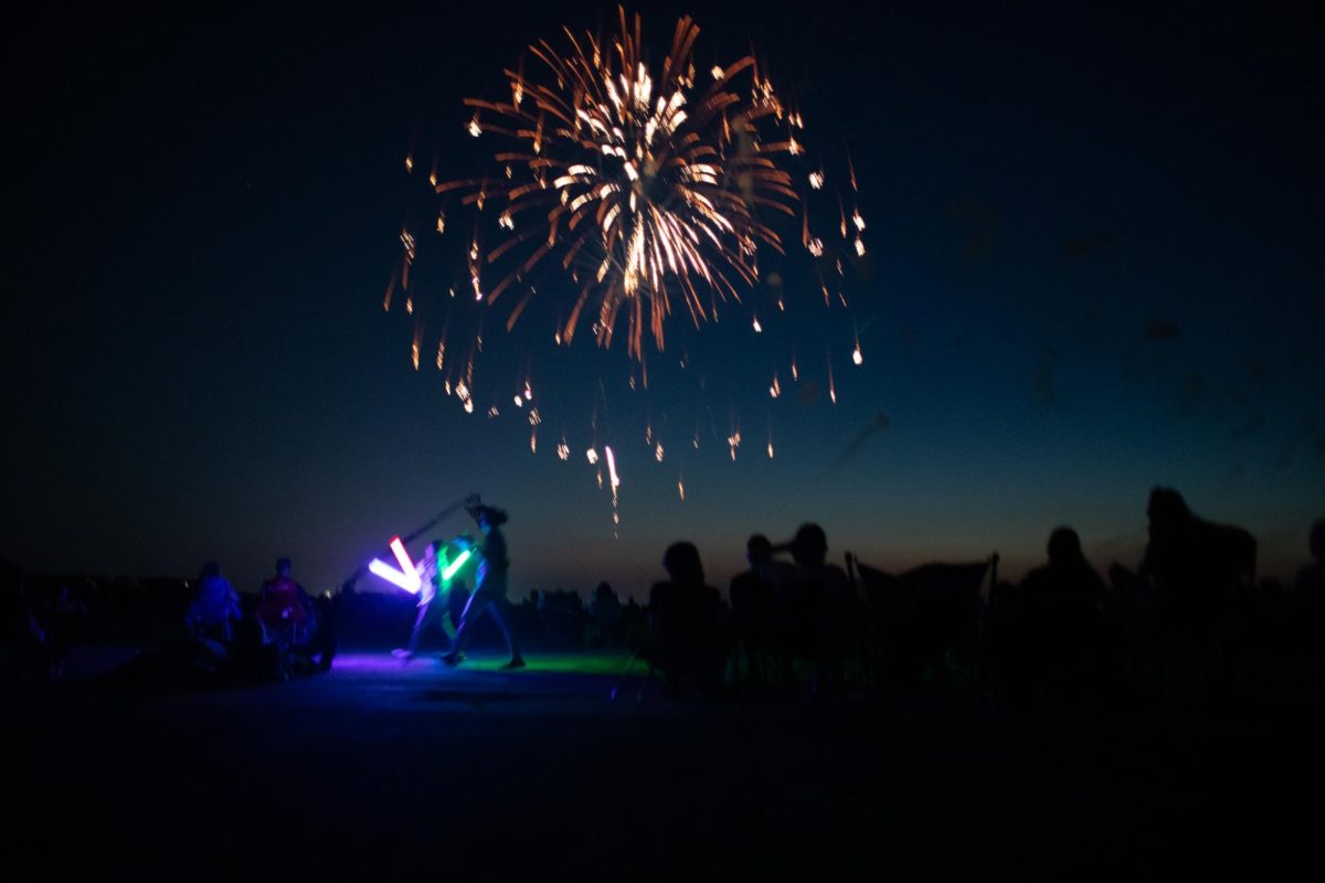 The audience looks at a firework exploding in the sky at the Coles County Memorial Airport on July 4. 