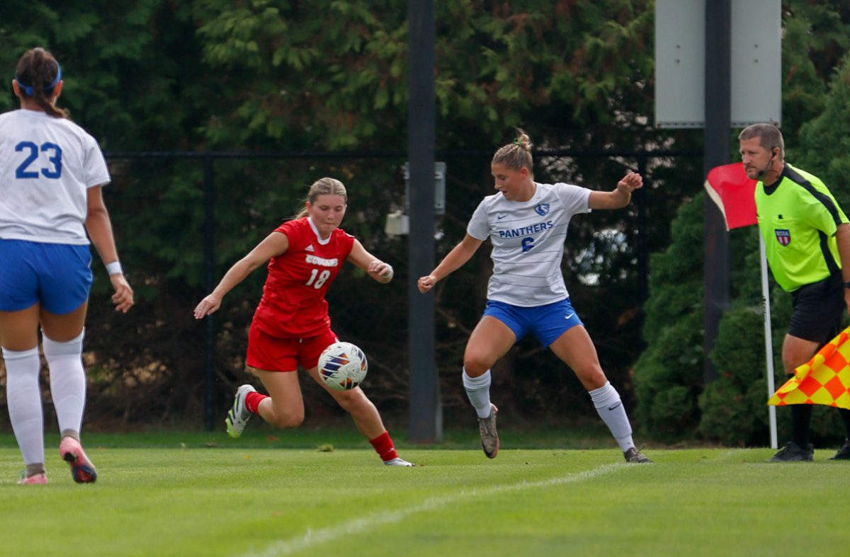Southern Illinois University Edwardsville senior defenseman Allie Fishering fights for the ball with EIU junior forward Abby Reinl near the sideline during EIU's 2-0 win over SIUE at Lakeside field on Sunday.