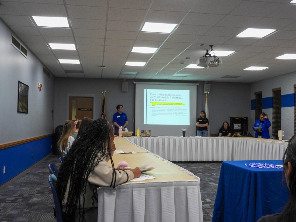 Members of the EIU student senate watch a presentation on constitutional changes at its first meeting in the Martin Luther King Jr Union Arcola-Tuscola Room on Wednesday.