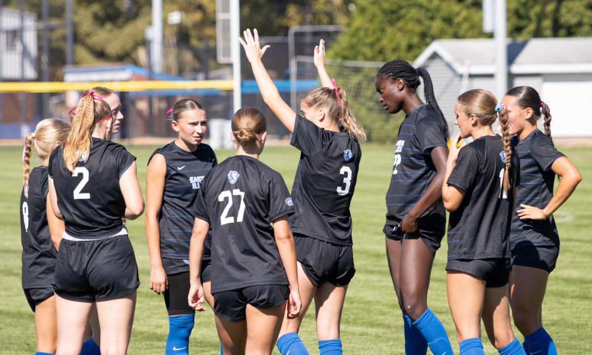 Eastern Illinois University women's soccer sophomore defender Colleen Bauer (3) coaches her team during an injury timeout during EIU's 1-0 win over Morehead State at Lakeside Field on EIU's campus on Sunday, Oct. 5th, 2025. 