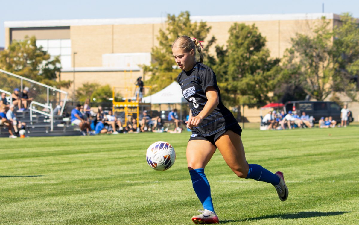 Eastern Illinois University women's soccer junior forward Katiebeth May dribbles the ball during EIU's 1-0 win over Morehead State at Lakeside Field on EIU's campus on Sunday, Oct. 5th, 2025. 