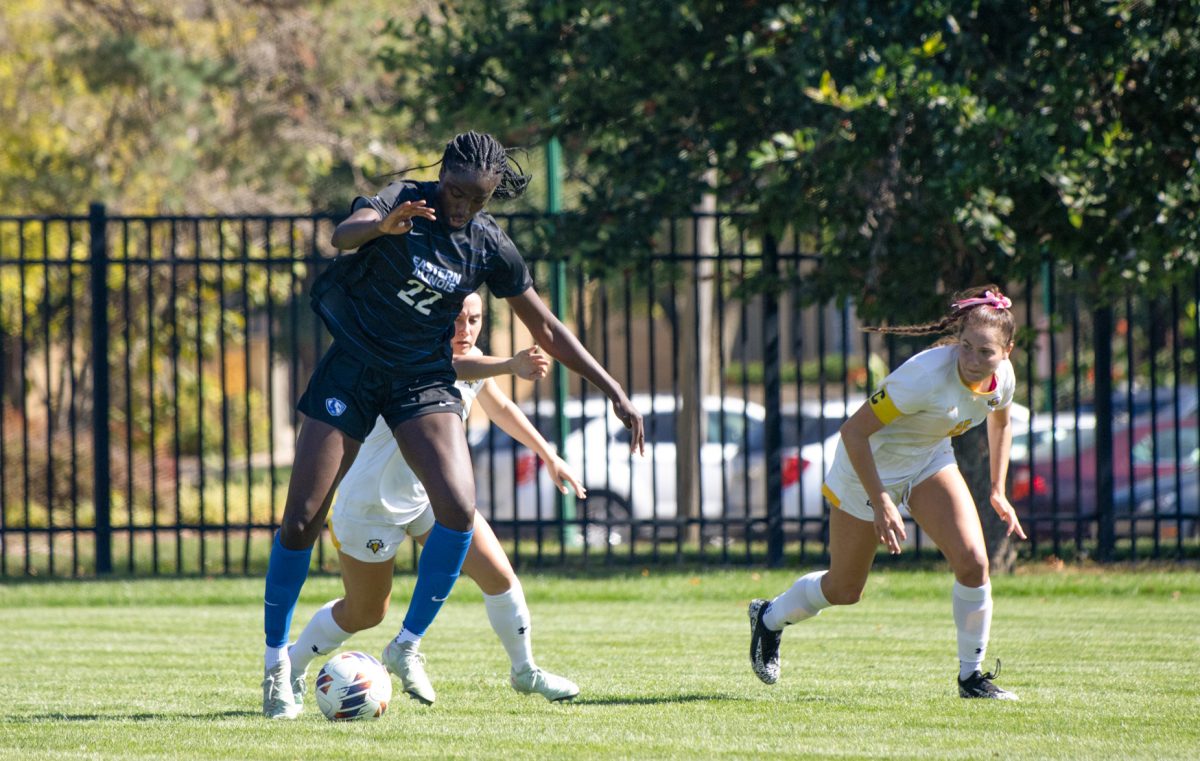 Eastern Illinois University women's soccer junior forward Alex Tetteh (22) dribbles the ball during EIU's 1-0 win over Morehead State at Lakeside Field on EIU's campus on Sunday, Oct. 5th, 2025. 