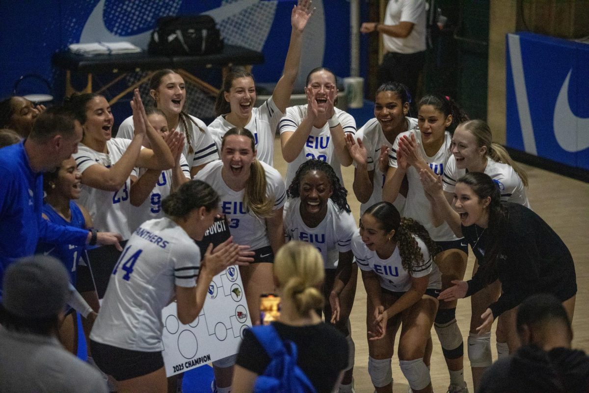 EIU celebrates after winning the match 3-2 against Lindenwood University during the OVC Volleyball Championship on Sunday, Nov. 23, 2025. 