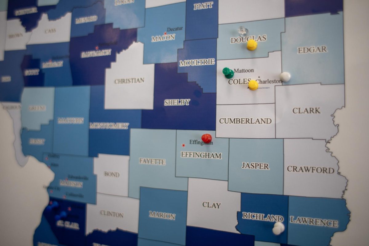 On the wall of the new EIU First Gen Hub, a map of the state is available for people to leave their print and show where they are from. The First Gen Hub in McAfee room 2611 opened on Friday.