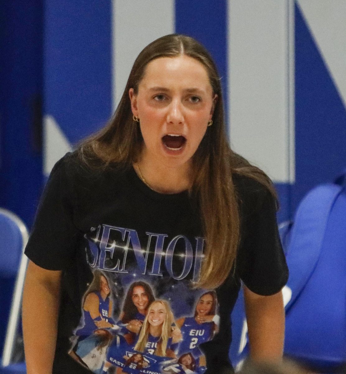 EIU volleyball assistant coach Paige Gardella yells to the Panther volleyball team during Eastern’s 3-1 win over Morehead State on Nov. 14.