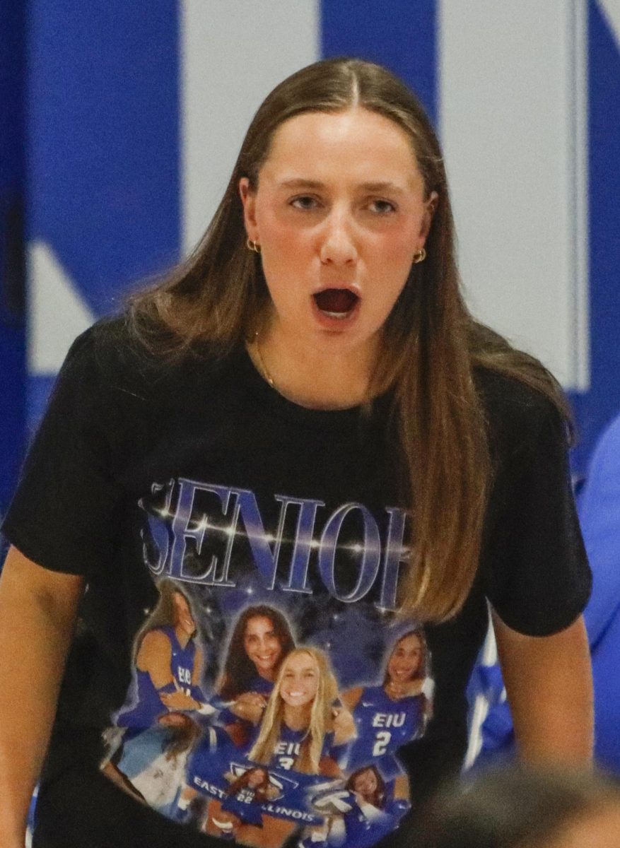 EIU volleyball assistant coach Paige Gardella yells to the Panther volleyball team during Eastern’s 3-1 win over Morehead State on Nov. 14.
