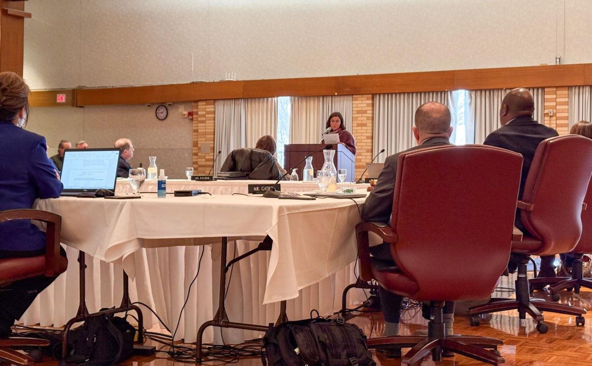 Reference librarian Michelle McDaniel expresses her disapproval of university decisions during the public comment portion of January’s Board of Trustees meeting in the University Ballroom in the Martin Luther King Jr. Union on Thursday. 