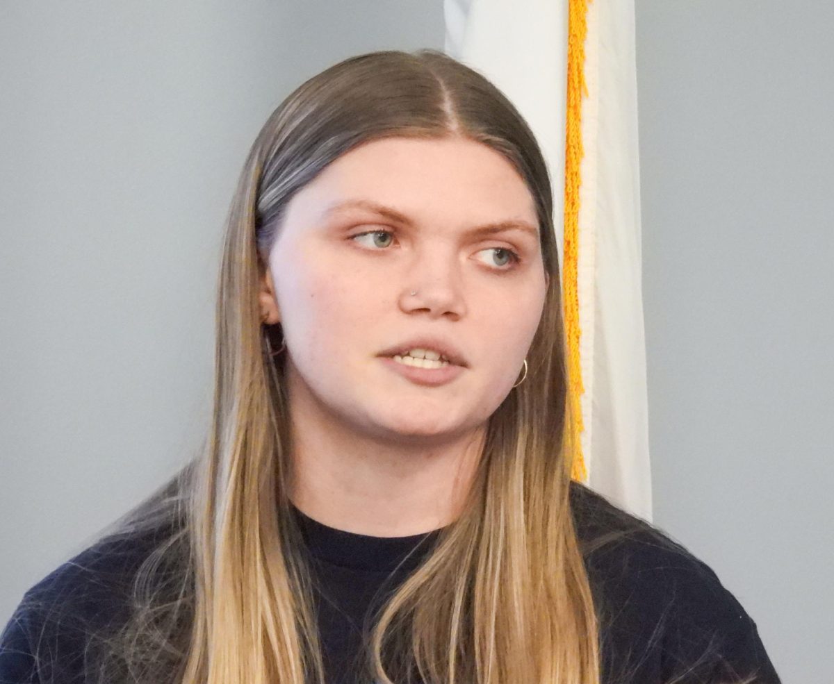 EIU Student Government Vice President of Student Affairs Kat Maxson presents on the RSO grant funding program to the student senate at its meeting in the Arcola-Tuscola room in the Martin Luther King Jr. Union on Wednesday.