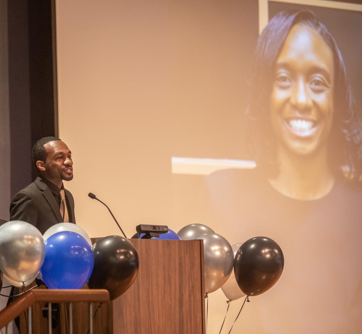 Rev. Ly’Jerrick Ward speaks about his wife, Tania Ward. Tania died in December from cancer and Ly’Jerrick told stories of their time together during the celebration of life for Tania Ward in the Grand Ballroom in the Martin Luther King Jr. Union.