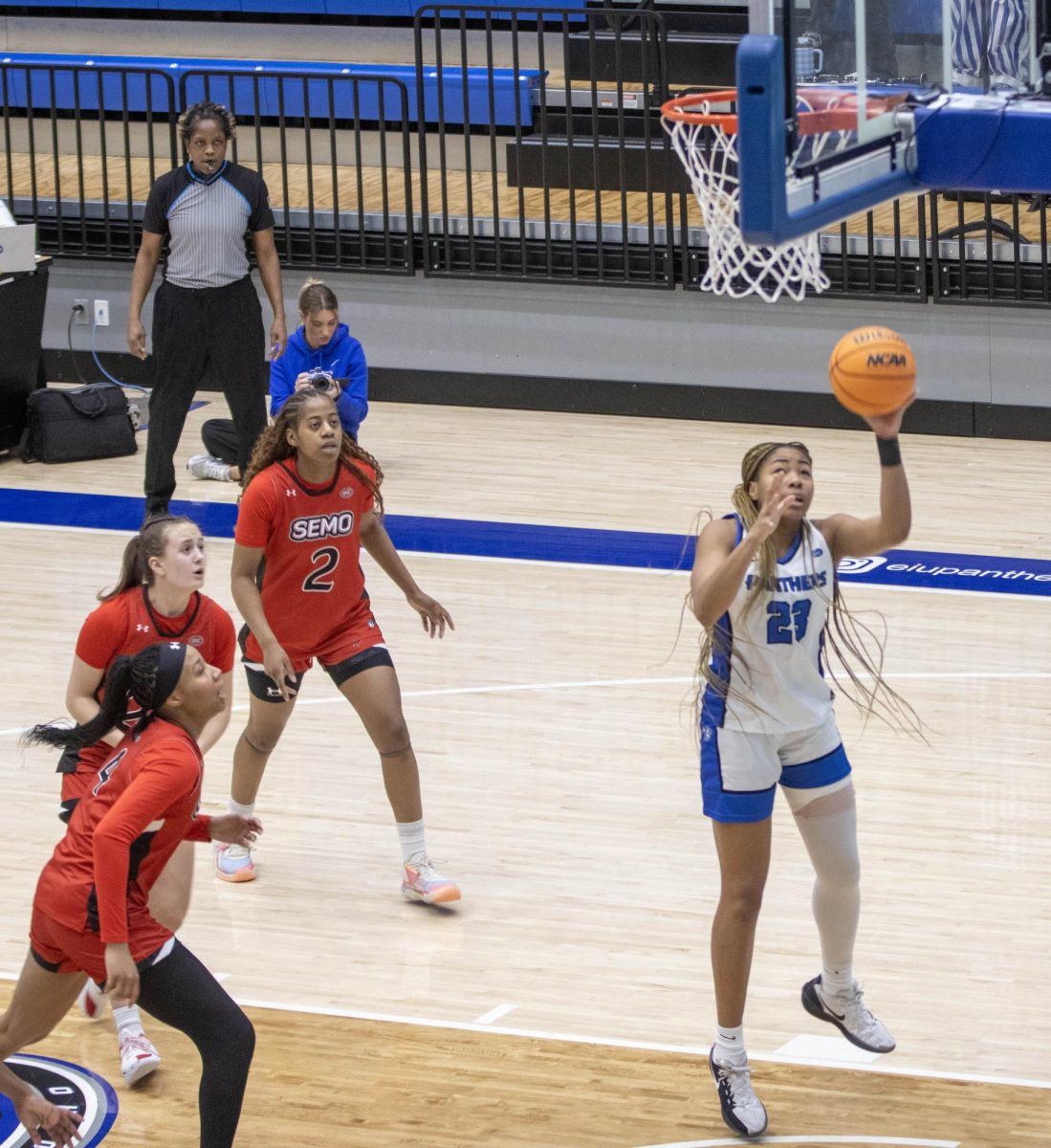 EIU women’s basketball redshirt junior forward Sydney-James Desroches gets past Southeast Missouri State’s defense to put up a layup as EIU started the game with a 6-0 run but lost 71-56 at Groniger Arena on Saturday.