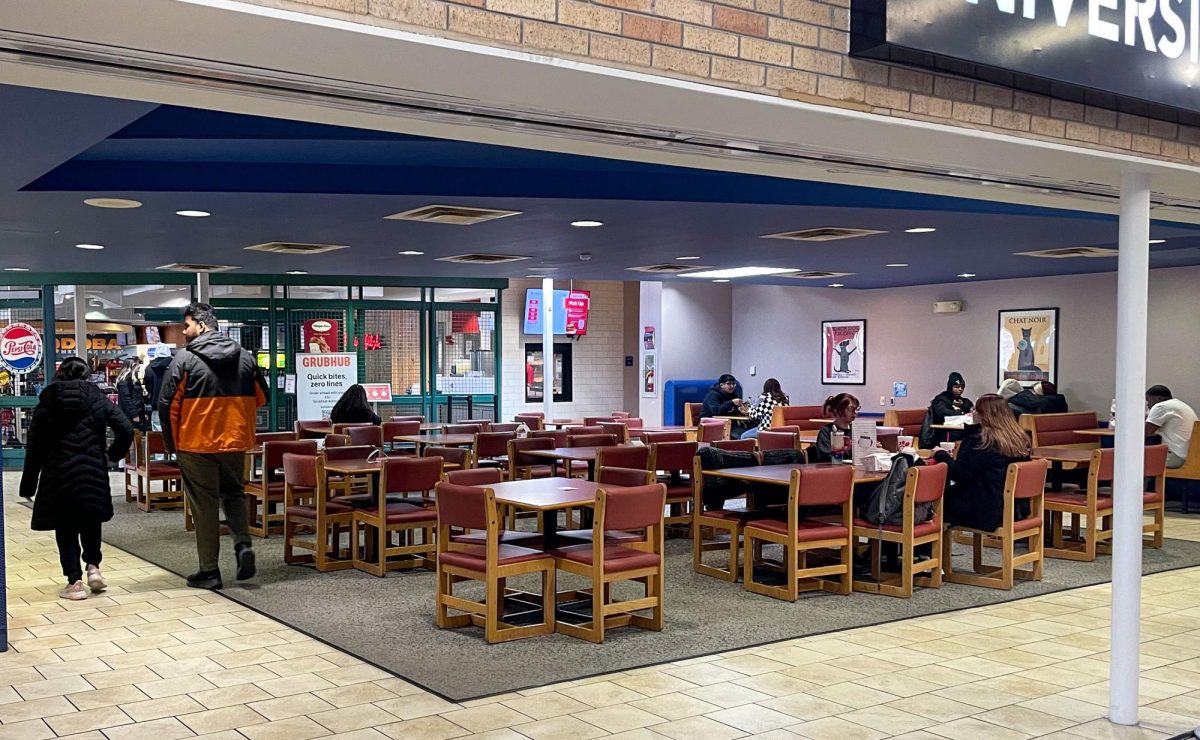EIU students, faculty, and visitors sit and eat in one of the dining areas in the University Food Court in the Martin Luther King Jr. Union on Friday.