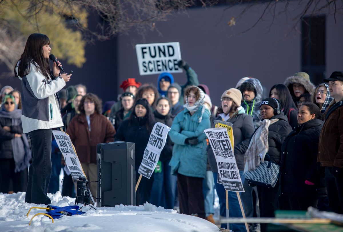 EIU LASO President Krystal Camas gives a speech during the protest held Friday held by LASO and EIU Students for Socialism. 