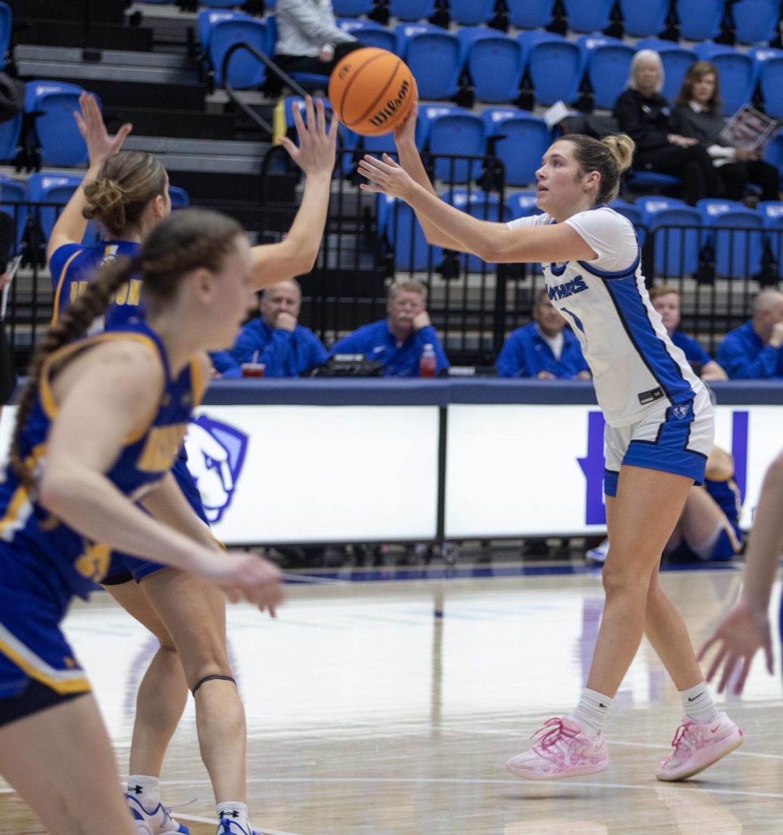 Redshirt junior Ella Lune steals the ball from Morehead State's sophomore Violet McNece. Lune scored 19 points on Friday in Groniger Arena against Morehead State.