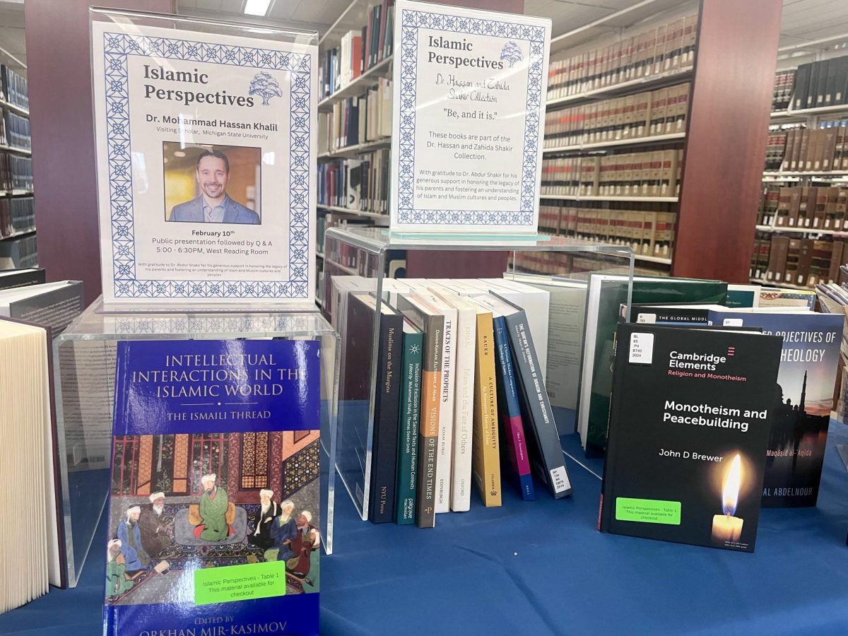 For a screening for a documentary titled, "American Jedi: The Salman Hamdani Story" discussing the 9/11 attacks and how they effected muslim communities. Booth Library had a book display holding books about Muslim culture.