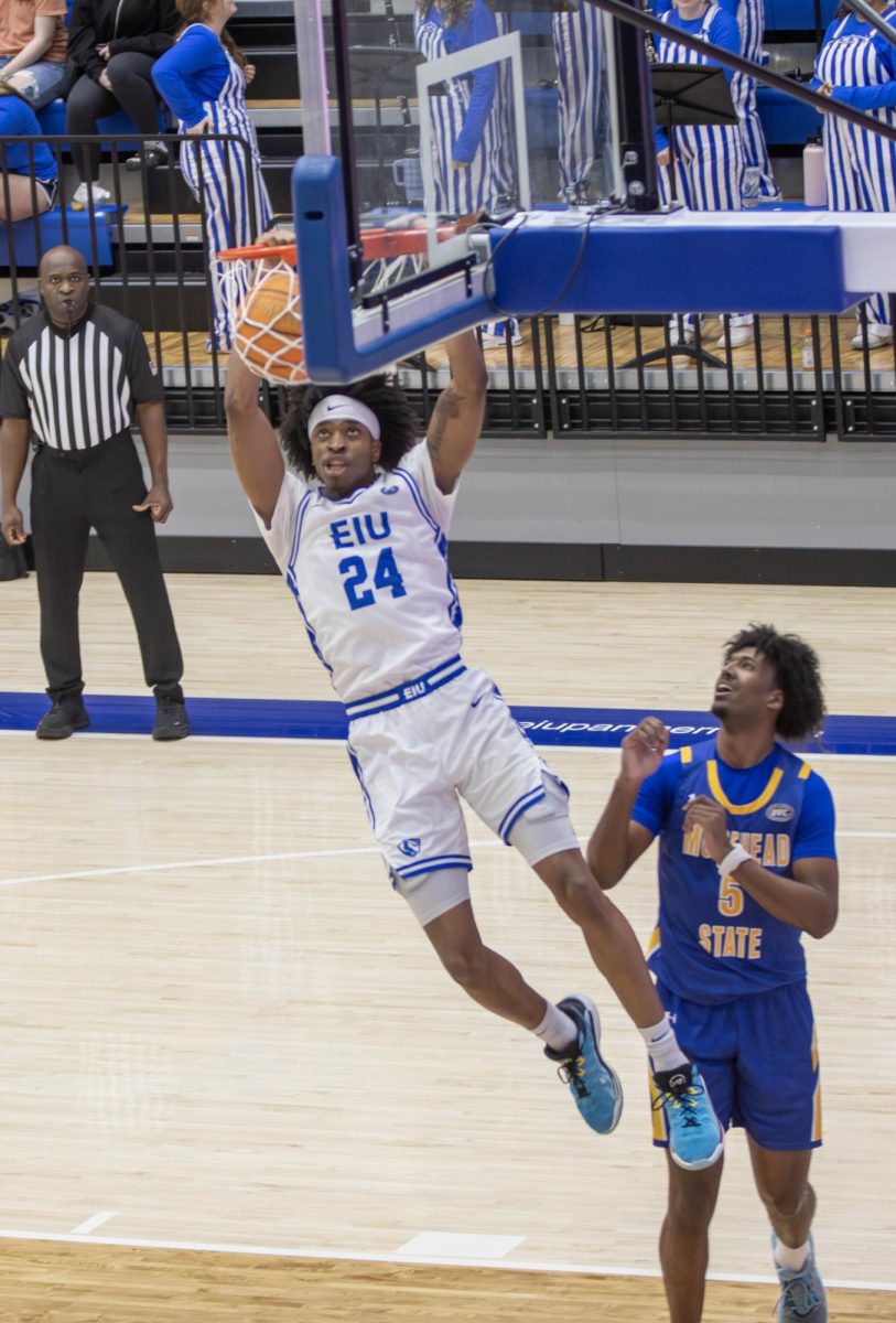 Eastern Illinois University sophomore forward Terry McMorris dunks the ball early in the game for EIU against Morehead State as Eastern would lose 73-70 at Groniger Arena on Thursday.
