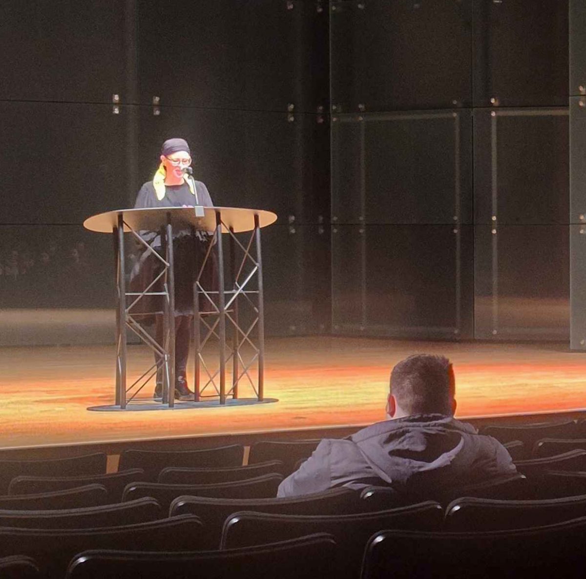 During the Lions in Winter on Saturday, Jan. 31, English professor Colleen Abel, introduces guest speakers in Doudna Fine Arts Center’s Recital Hall on Eastern Illinois Campus in Charleston, Ill.